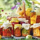 Mehrere Gläser mit eingelegtem Gemüse und Flaschen auf Gras, Korb mit Kürbissen im Hintergrund, helle Farben.