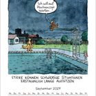 Illustration: Känguru auf Sprungbrett sagt: "Ich will auf Hochwasser warten..." Darunter: Kalender für September 2027.