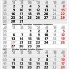Kalender für 2027 mit den Monaten August, September, Oktober in mehreren Sprachen. Wochenenden in Rot hervorgehoben.