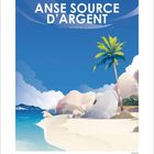 Text: "ANSE SOURCE D'ARGENT - SEYCHELLES". Illustration eines Strandes mit Palmen, Felsen und blauem Himmel.