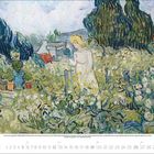 "9 2023" und Kalenderzahlen. Gemälde: Eine Frau in einem blühenden Garten, umgeben von Bäumen und Pflanzen.