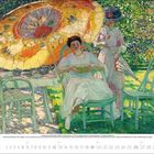 Kalenderseite September 2024. Illustration: Frau unter Sonnenschirm, eine andere Frau steht daneben, umgeben von Stühlen im Garten.