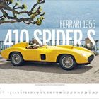 "FERRARI 1955 410 SPIDER S". Gelber Oldtimer vor See und Baum, Monatskalender darunter.