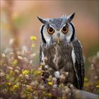 Eine Eule mit großen, orangenen Augen sitzt inmitten von Gräsern und kleinen gelben Blumen, sanfte Hintergrundfarben.