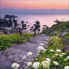 Kein Text vorhanden. Ein steiniger Pfad führt hinunter zu einer Küste mit Felsen im Wasser bei Sonnenuntergang.