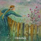 Kalenderblatt mit "Oktober" und Wochentagen. Illustration: Frau in Blumenwiese, blumengekränzt, lehnt sich über Holzzaun.