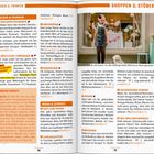 Texte: "ESSEN & TRINKEN", "BIO-LADEN ROSMARIN", "SHOPPEN & STÖBERN", "SECONDHAND-FUNDUS". Eine Frau steht vor einem Laden.