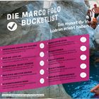 Text: "DIE MARCO POLO BUCKETLIST. Das musst du in Kalabrien erlebt haben." Hintergrund zeigt Menschen im Wasser.