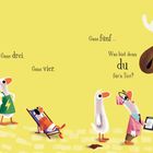 Text: "Gans eins, Gans zwei, Gans drei, Gans vier, Gans fünf ... Was bist denn du für'n Tier? Gänse hier anstellen." 

Fünf Gänse in einer Reihe, ein Elch mit Schal schaut verwirrt.