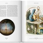 Seite 14 beschreibt Pilze in Kunst und Literatur. Rechts ist eine bunte Illustration einer Raupe auf einem Pilz mit einem Mädchen.