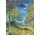 „September“ steht unten; Impressionistisches Gemälde von Bäumen, klarem Himmel und grünem Unterholz.