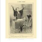 "La Comédie Humaine." Ein Richter mit erhobenen Händen steht hinter einem Tisch, ein Zylinder liegt umgekippt. Illustration.