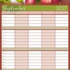 Kalender für September 2027. Bild: Kätzchen mit Pfote ausgestreckt, umgeben von roten Äpfeln und herbstlichem Laub.