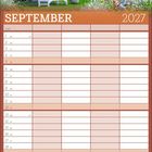 SEPTEMBER 2027 Kalender. Weltkindertag, Herbstanfang markiert. Foto: Weißer Gartenstuhl unter Baum.