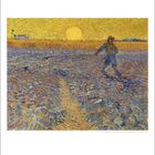 Vincent van Gogh (1853-1890) Der Sämann. Ein Bauer sät im Feld, die Sonne strahlt am Himmel. Farben: Blau, Gelb, Orange.