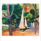 Septemberkalender mit Gemälde von Bäumen, einer sitzenden Person und leuchtenden Farben.