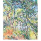 Zahl "9" und Kalenderzahlen 1 bis 30 unten. Eine impressionistische Landschaft mit Bäumen in grünen und blauen Tönen.