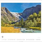 Gletscherzunge Bøyabreen, Sogndal, Vestland. Kalenderseite September: Berglandschaft mit Gletscher, Wald und Fluss.