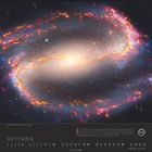 Text oben links: "Balkenspiralgalaxie NGC 1300." Unten: Monatskalender für September. Helle, farbenprächtige Galaxie im Hintergrund.