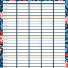 Kalender für September, bunte florale Illustration, Wochentage und Spalten zum Eintragen. Haupttext: "NAME" und "September".