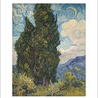 Oben steht "VAN GOGH", unten "Zypressen · 1889". Gemälde zeigt Zypressen vor einem wirbelnden Himmel.