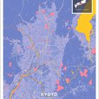„Kyoto, Japan“ steht groß in der Mitte. Unten: „September“ mit einer Monatsübersicht. Diagramm zeigt Straßenkarte. Inset zeigt Japans Lage.