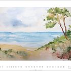 Text: "Am Darß", "9." Kalender unten, gemalte Küstenlandschaft mit Meer, Strand und Baum.