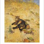 Eine braun-graue Katze liegt in einer sonnigen Landschaft mit gelben Blumen und vereinzeltem grünen Laub. Unten links: Zahl 9.