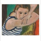 Henri Matisse, 1944, Blauer Pullover, Porträt einer Frau mit Armen aufgestützt, gestreiftes Oberteil, ausdrucksvolles Gesicht.