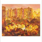 Unten links steht die Zahl "9". Ein Gemälde zeigt beleuchtete Hochhäuser bei Abenddämmerung, umgeben von Bäumen.