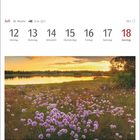 Juli 12. bis 18., Montag bis Sonntag. Naturschutzgebiet Örarevet, Schweden. Blühende Wiese vor einem See bei Sonnenuntergang.