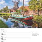 Juli, Kalenderwoche 28. Text: "Regenbogen abends trocknet die Dächer, Regenbogen morgens dreht die Mühle." Boot und Mühle am Wasser.