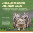 "Auch Eulen haben schlechte Laune." Eine Eule mit gesträubten Federn steht auf Gras, darunter "19", "Freitag", "März".