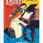Text: "A-BORD PIANOS PARIS, LA PREMIÈRE LEÇON". Illustration einer Frau mit Kind am Klavier. Datum: März 22-28.