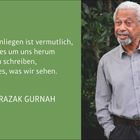 Kalender mit März- und April-Tagen, Zitat von Abdulrazak Gurnah über Schreiben, Erläuterung zu seinen Themen, Foto von ihm.