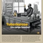 „Tuberkulose: Die ewige Seuche?“ Text erklärt Tuberkulose. Illustration zeigt einen Mann im Labor mit Reagenzglas. Februar-Kalender.