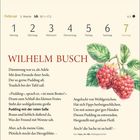 Februar 5. Woche: Wilhelm Busch. Gedicht über Pudding und Fipps, den Affen. Illustration von Himbeeren rechts.