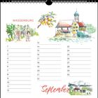"September", "WASSERBURG"; Illustration: Radfahrer, Obstzweig, Kirche und Landschaftsszene mit Bergen im Hintergrund.