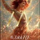 "6. Zahl 777. Vision, Verborgenes Potenzial, Weiblichkeit." Illustration einer tanzenden Frau, umgeben von funkelnden Lichtpunkten.