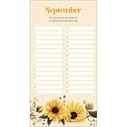 September-Kalender mit Sonnenblumenillustration. Text: "Ich wünsche dir den Blick für die Kostbarkeit des Moments."