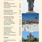 Inhalt mit Seitenzahlen zu Trentino, Gardasee, Giudicarie, Sulztal und Nonsberg. Bilder: Statue, Skilift, Personen beim Skifahren, Burg.