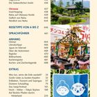 Inhalt einer Buchseite mit Kapiteln: Amakusa-Inseln, Okinawa, Reisetipps, Sprachführer, Anhang, Extras. Rechts bunte Fotos.