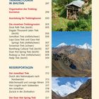 Inhalt: Trekkingtouren in Bhutan, Reiserouten und Reportagen. Bilder von Hütten in grünen Hügeln und bepackte Pferde auf einem Pfad.