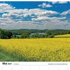 Kalender: Mai 2027, 19. Woche. Rapsfelder bei Möhnesee. Gelbe Blumen im Vordergrund, Hügel und blauer Himmel mit Wolken.