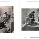 Links: Brancusi mit Hund im Atelier; rechts: Brancusi arbeitet an Skulptur. Schwarzweiß-Fotos, Künstler in Arbeitskleidung.