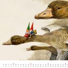 Text: "September". Illustration zeigt zwei Zwerge mit spitzen Hüten, die auf einem fliegenden Gänserücken sitzen.