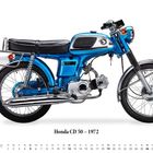 Honda CD 50 – 1972. Kalender Monat September. Blaue Vintage-Motorradseite, mit Chromdetails und schwarzem Sitz.