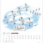 Kalenderblatt September 2027. Illustration: Vögel im Flug, einer fragt: "Sag’ mal... hast du die Kaffeemaschine ausgemacht?"