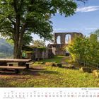 9 2027. Die Pfalz - Burgruine Falkenstein. Ein Picknicktisch unter einem Baum, nahe einer alten Ruine mit Rundbogen.