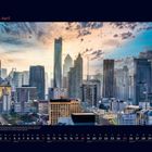 04 April. Kalenderansicht. Skyline mit modernen Wolkenkratzern bei Sonnenuntergang.